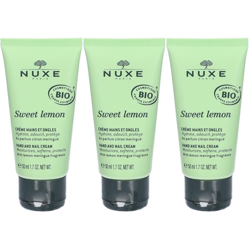 Trois tubes de crème mains et ongles Nuxe parfum "Sweet Lemon". 50ml.