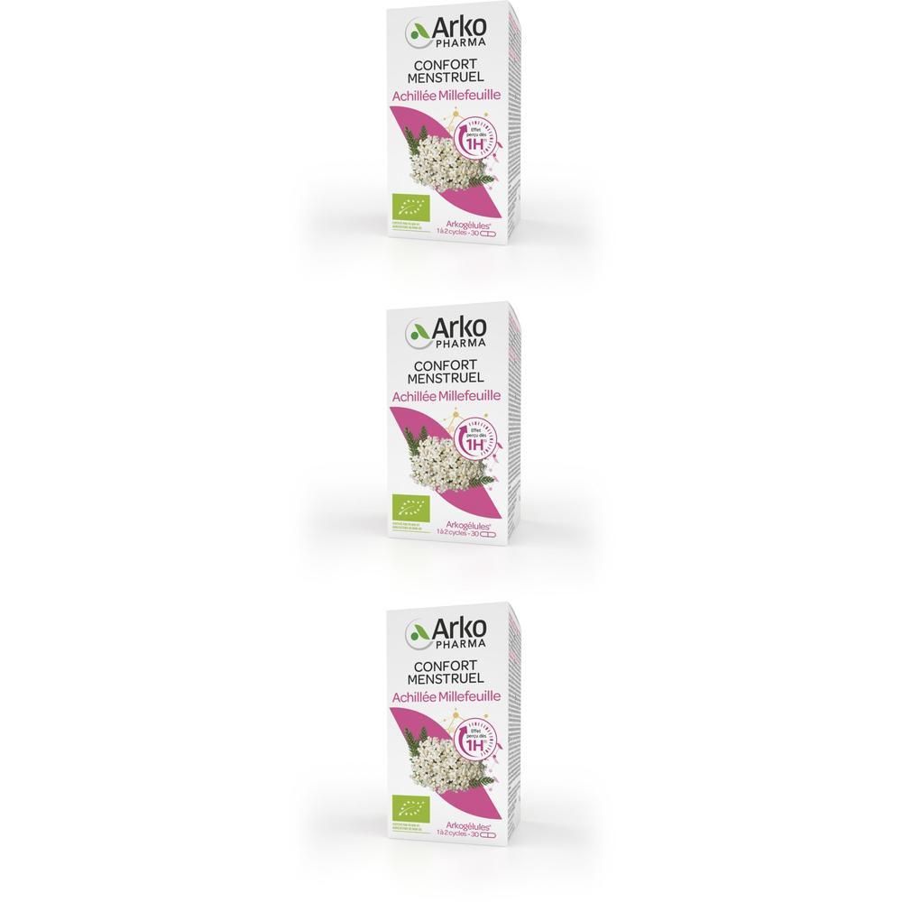 Trois boîtes Arkopharma Confort Menstruel Achillée Millefeuille. Emballage cartonné avec illustration de plante.