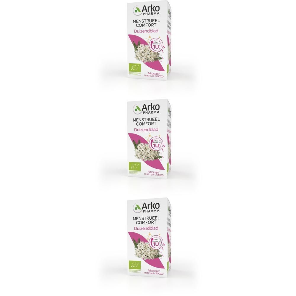 Drie verpakkingen Arkopharma Confort Menstruel Achillée Millefeuille. Kartonnen doos met plantafbeelding.