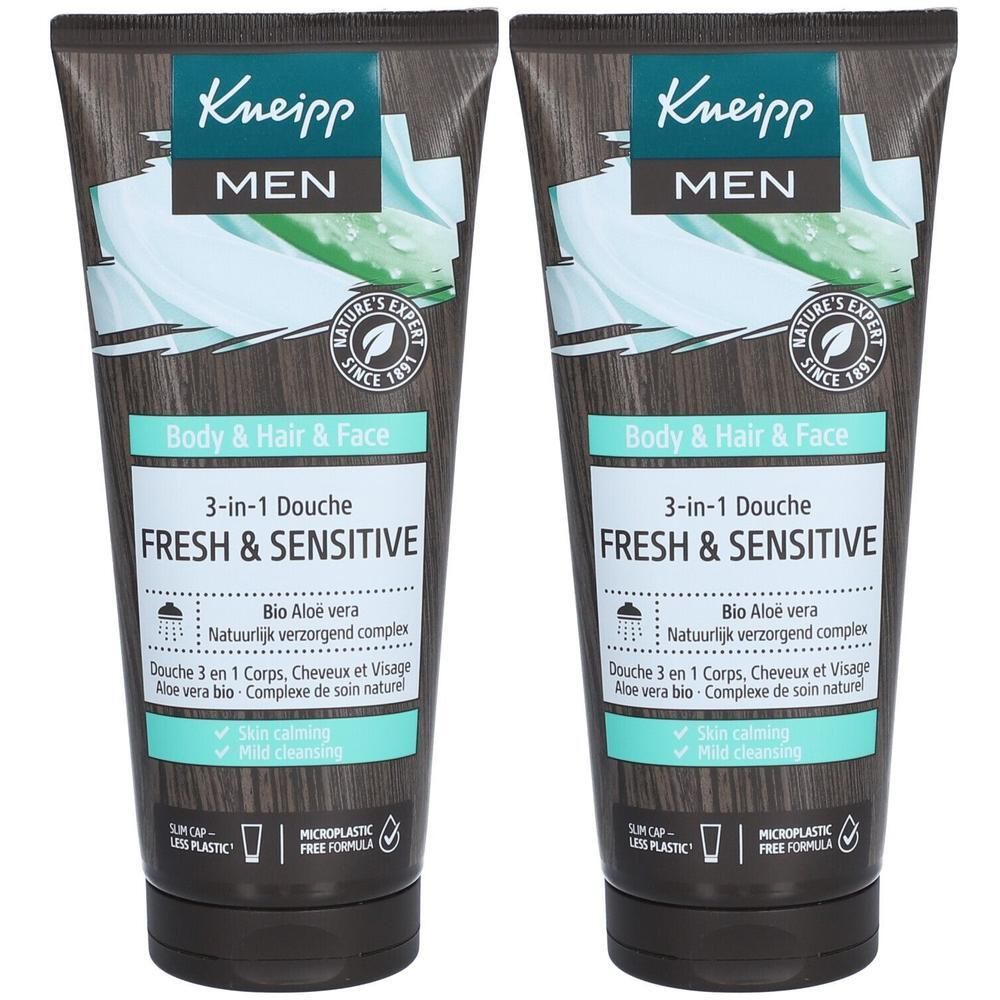 Deux tubes de gel douche Kneipp Men 3-en-1 pour corps, cheveux et visage. "Fresh & Sensitive" à l'Aloe Vera bio.