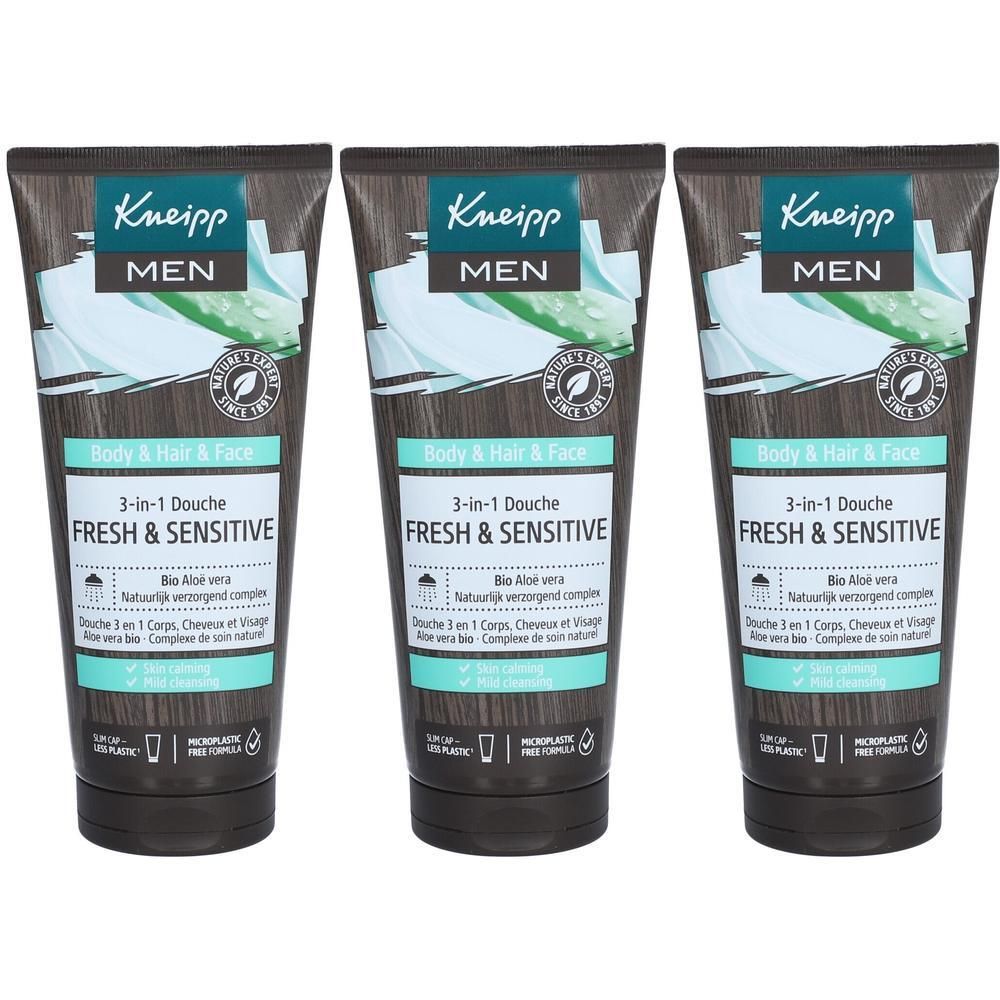 Trois tubes de gel douche 3-en-1 Kneipp MEN pour corps, cheveux et visage, "Fresh & Sensitive" à l'aloe vera.
