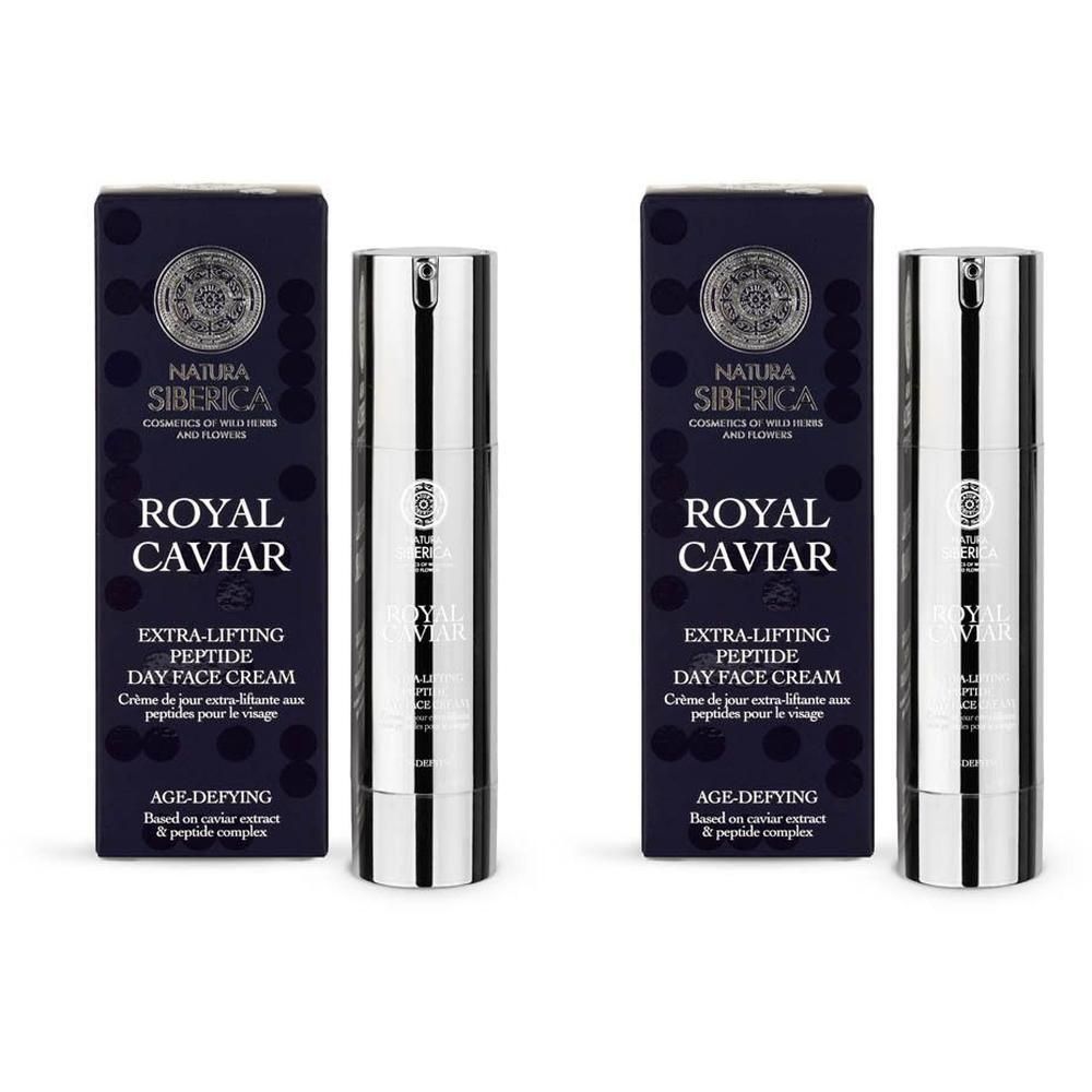 Twee Natura Siberica Royal Caviar Extra-Lifting dagcrème flacons met pompen en doosjes.