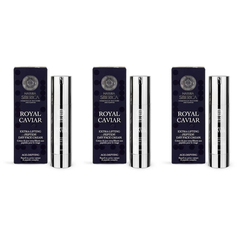 Drie verpakkingen Natura Siberica Royal Caviar Extra-Lifting gezichtscrème.