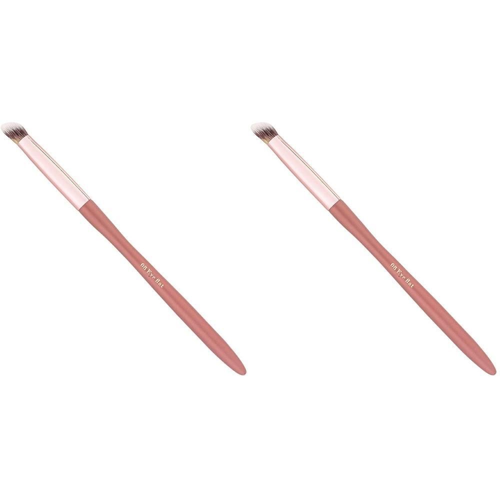 Twee platte oogschaduwkwasten met roze handvat en zilverkleurige ring.