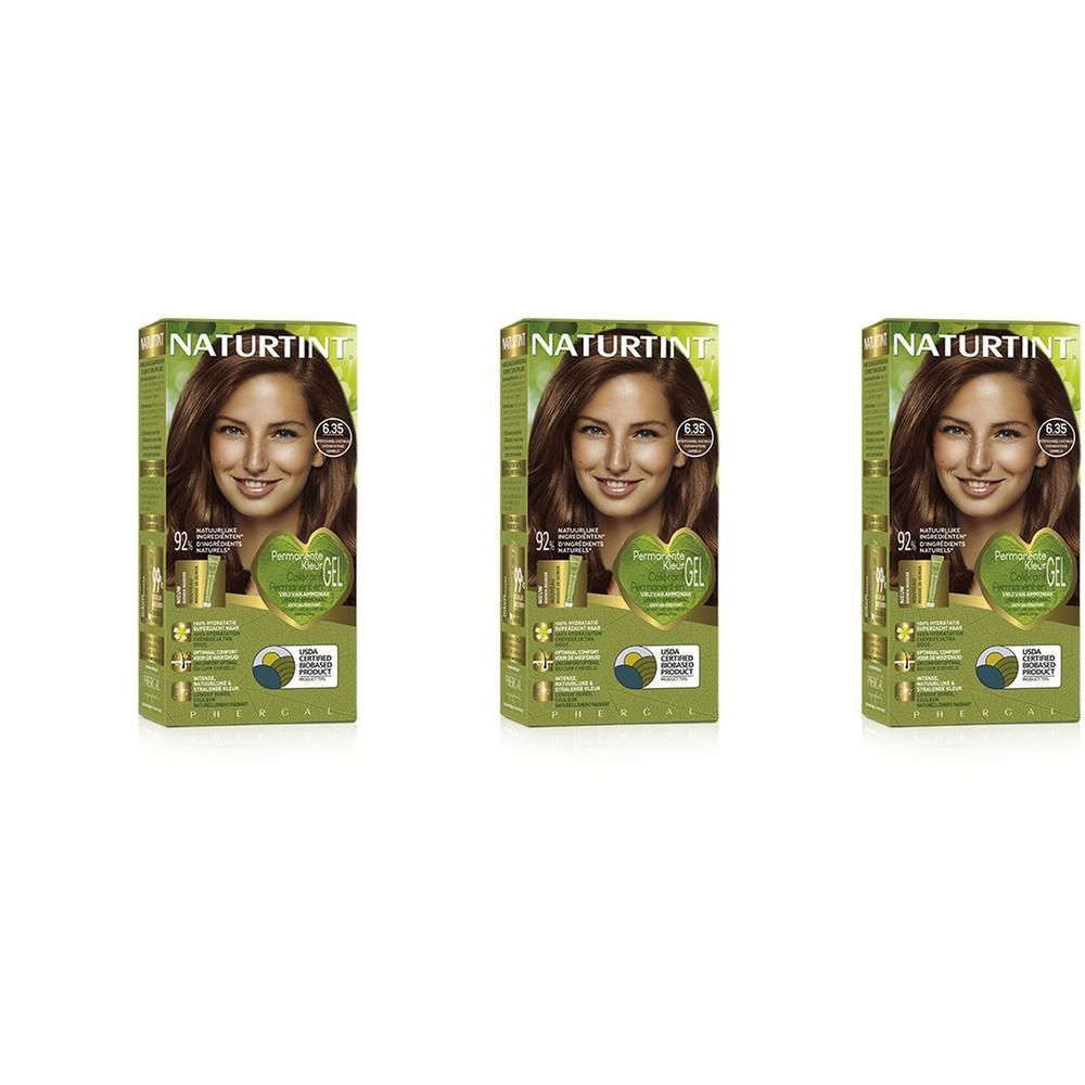 Drie pakken Naturtint haarkleur 6.35 Intens Kastanjebruin. Toont een vrouw met bruin haar.