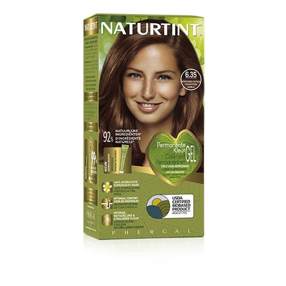 Boîte de coloration permanente Naturtint 6.35 Intense Cannelle avec image d'une femme aux cheveux bruns.