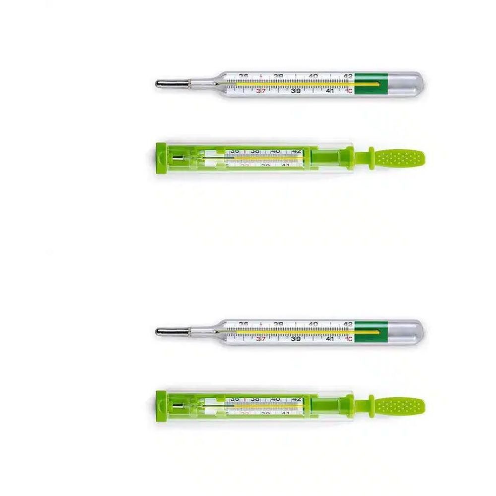 Deux thermomètres en verre avec étuis de protection verts. Échelle de 35°C à 42°C.
