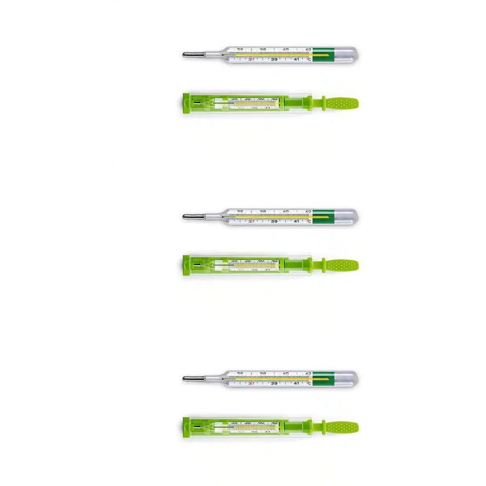 Twee glazen thermometers met groene handvatten en beschermhoezen.
