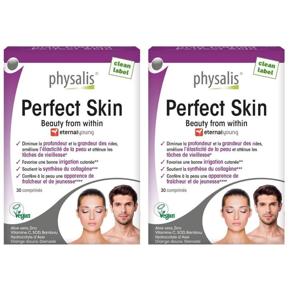 Deux paquets de Physalis Perfect Skin de 30 comprimés. Contient Aloe Vera, Zinc, Vitamines C, B3, B5, B6, B8, B12, A, D, E.