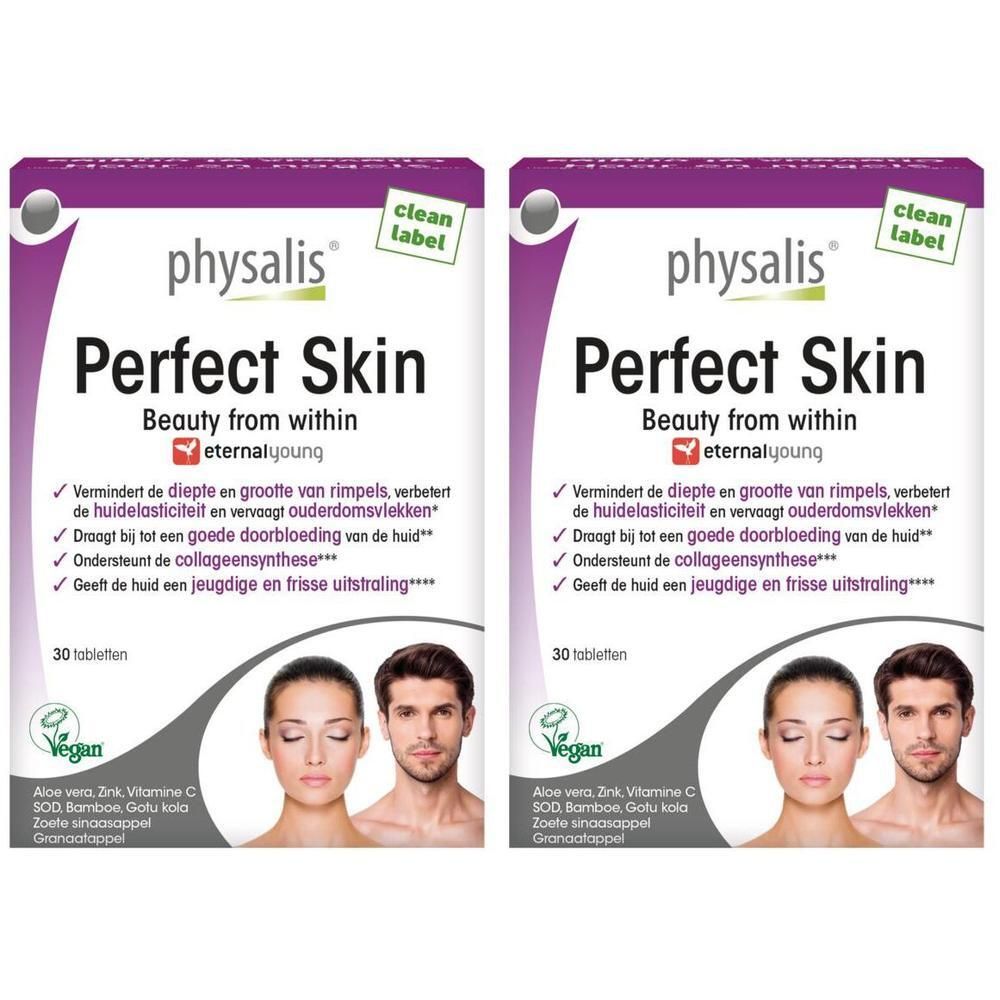 Twee verpakkingen Physalis Perfect Skin met 30 tabletten. Bevat Aloë Vera, Zink, Vitamines C, B3, B5, B6, B8, B12, A, D, E.