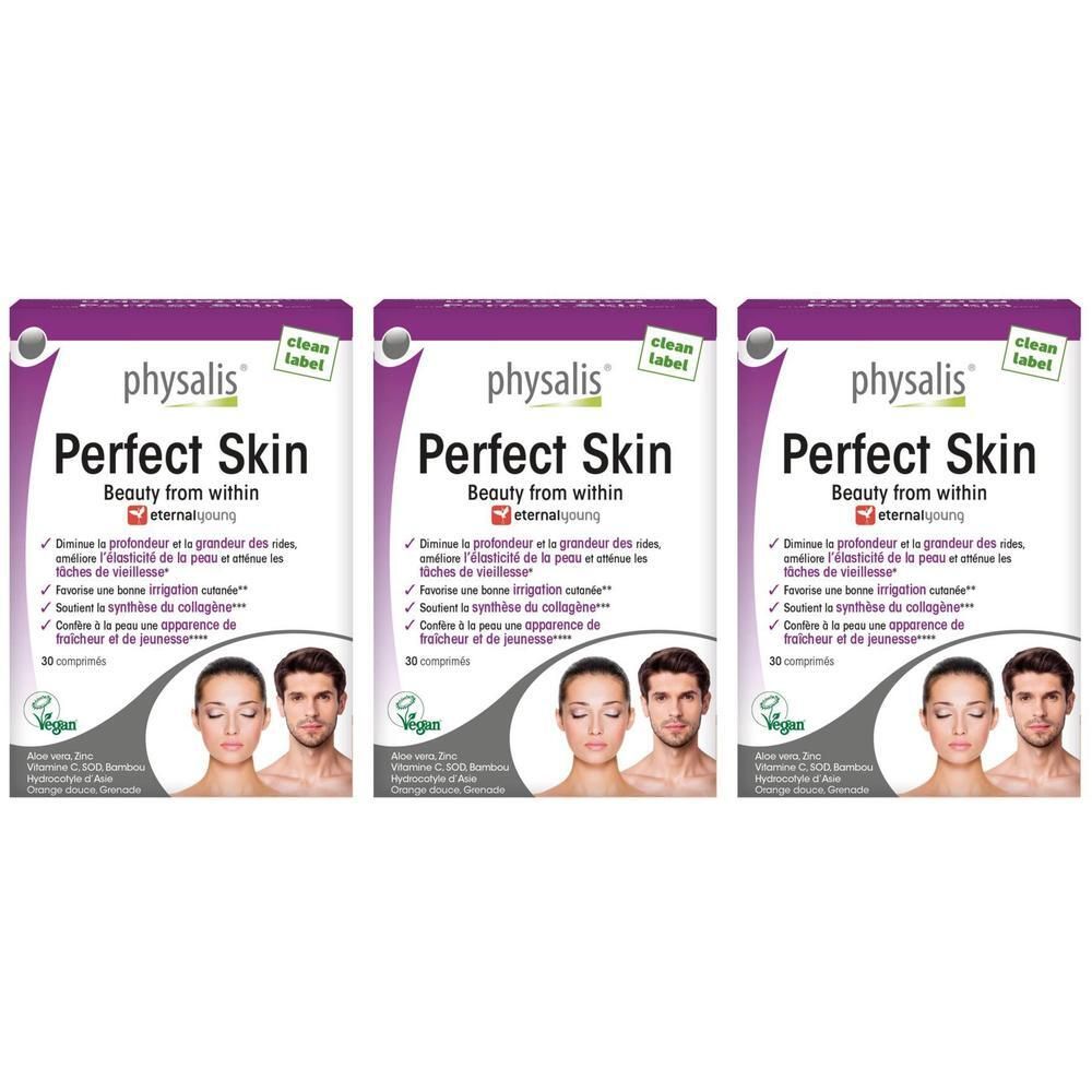 Trois paquets de compléments alimentaires Physalis Perfect Skin, chacun contenant 30 comprimés. Montre les visages d'un homme et d'une femme.