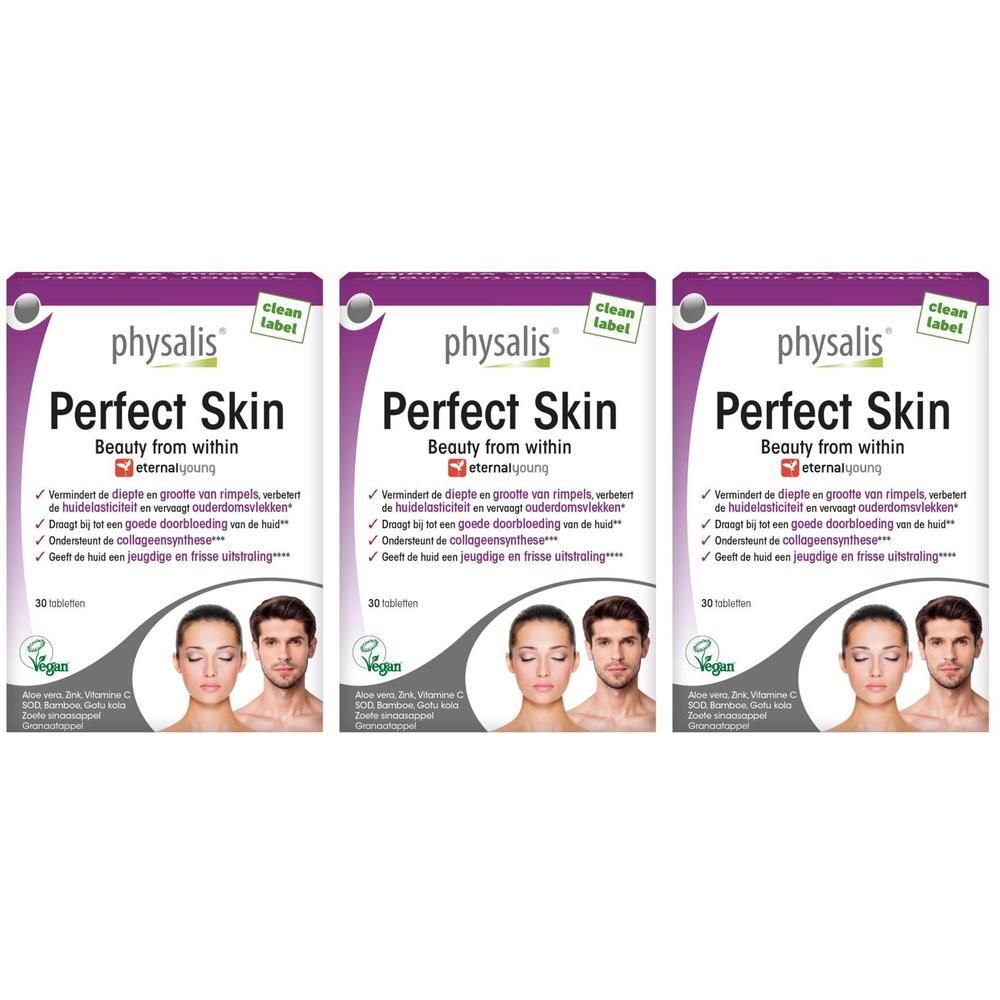 Drie verpakkingen Physalis Perfect Skin voedingssupplementen met elk 30 tabletten. Toont gezichten van man en vrouw.