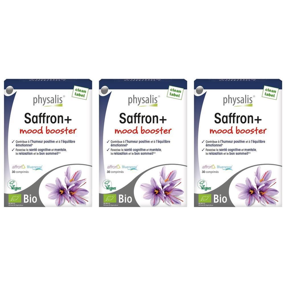 Trois boîtes de Physalis Saffron+ Mood Booster avec illustration de safran et label Bio.
