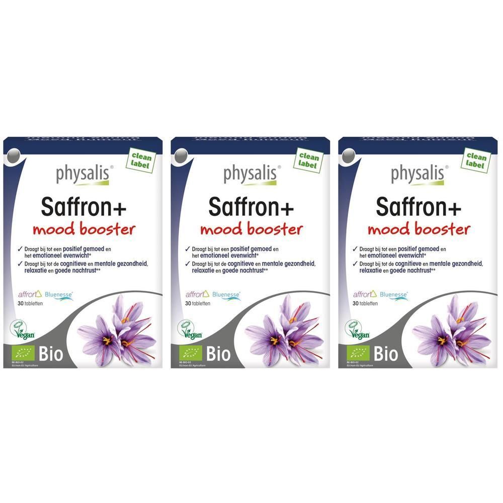 Drie pakken Physalis Saffron+ Mood Booster met saffraanillustratie en Bio-keurmerk.