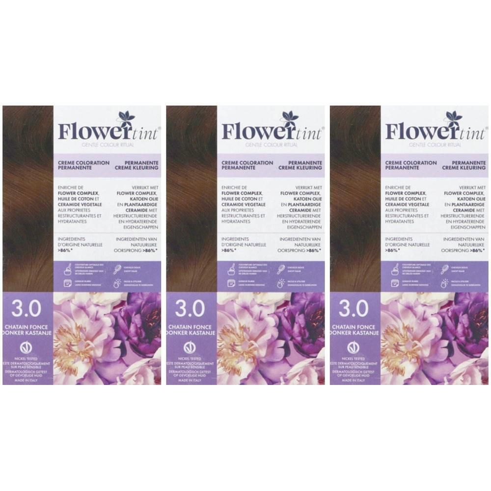 Drie pakken Flower tint haarkleuring 3.0 Donkerbruin. Permanente crème kleuring.