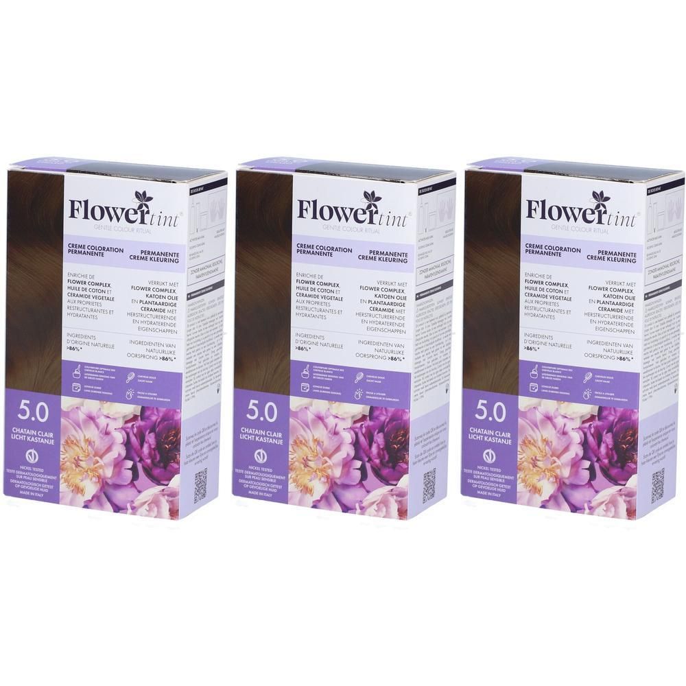Trois boîtes de coloration permanente FLORWERTINT 5.0 Chatain Clair avec motif floral.