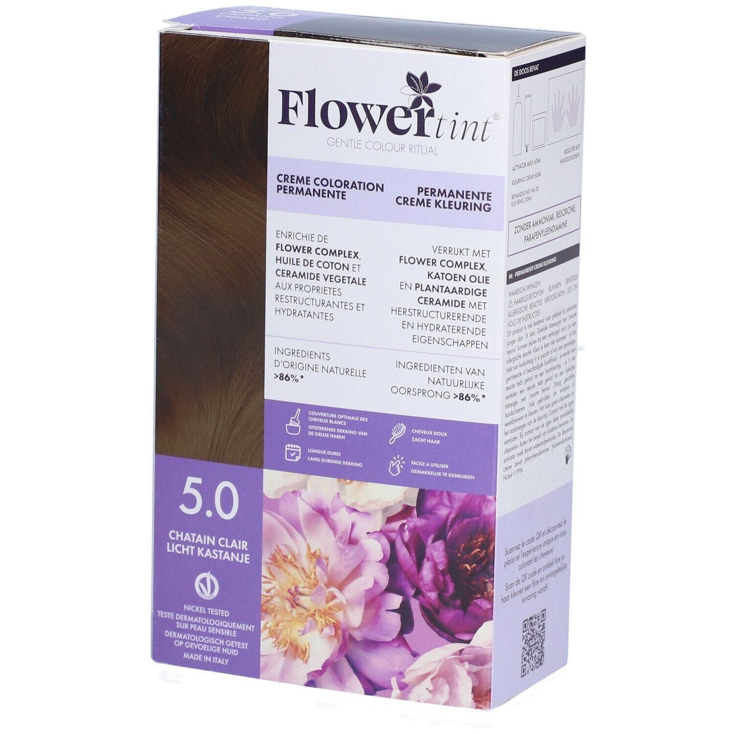 Verpakking van Flower tint Permanente haarkleuring 5.0 Licht Kastanje, met bloemenmotief.