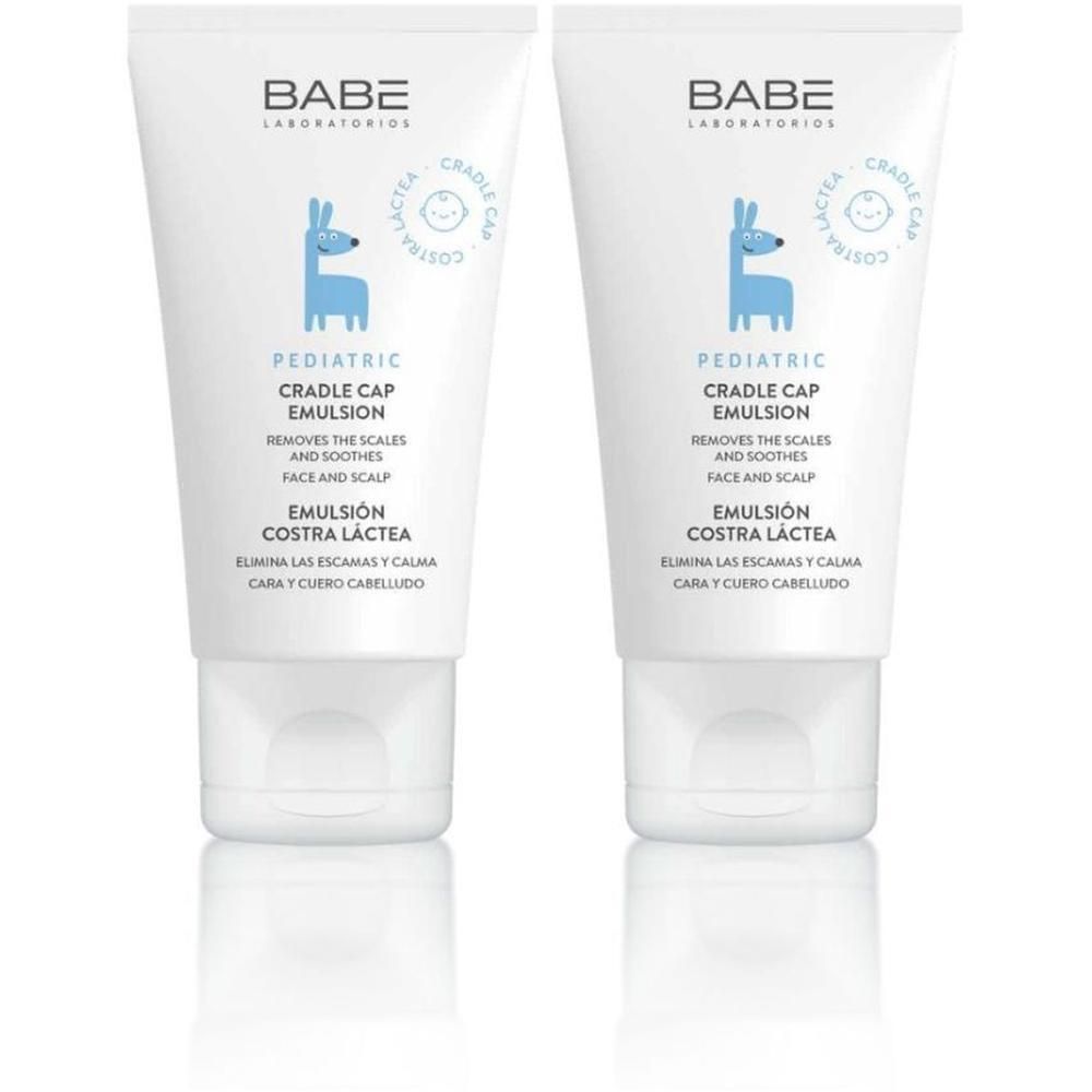 Twee tubes BABE Pediatric Cradle Cap Emulsion met lama-afbeelding.