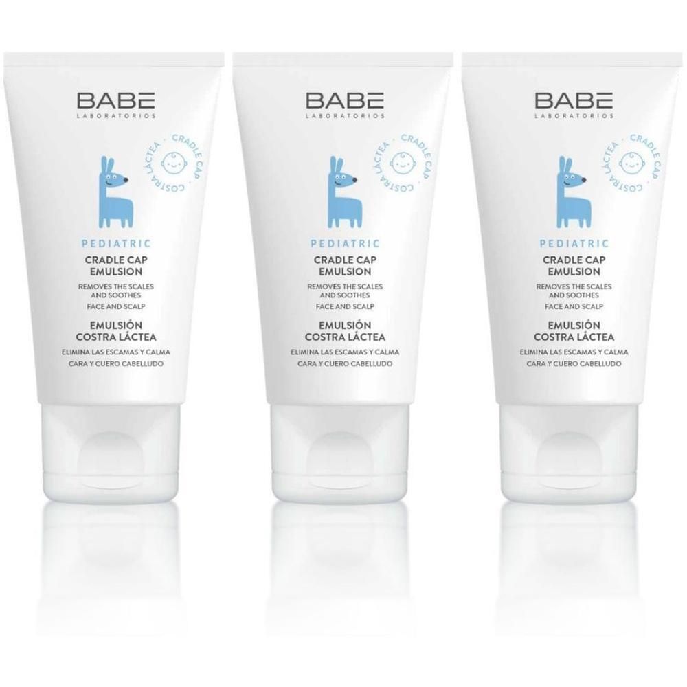 Drie tubes BABE Cradle Cap Emulsion met lama-afbeelding.
