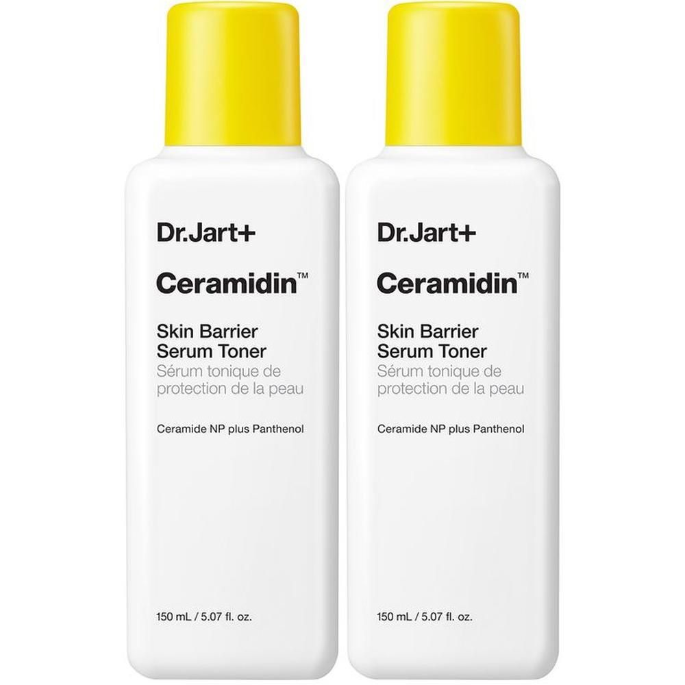 Twee flessen Dr.Jart+ Ceramidin Skin Barrier Serum Toner met gele doppen.