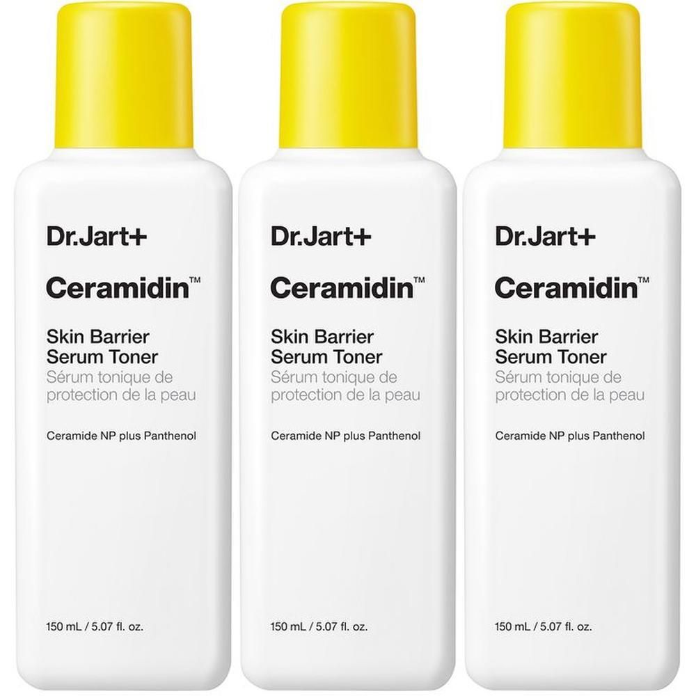 Trois flacons de Dr. Jart+ Ceramidin Skin Barrier Serum Toner avec bouchons jaunes.