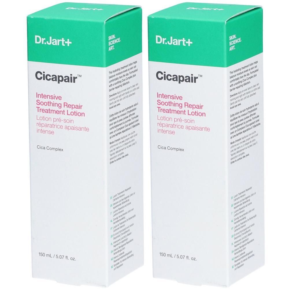 Deux boîtes de Dr. Jart+ Cicapair Lotion pré-soin réparatrice apaisante intense, 150 ml.