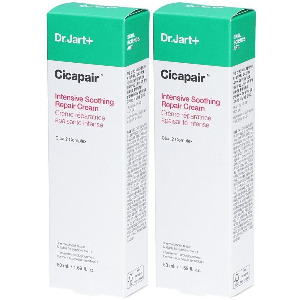 Deux boîtes de Dr. Jart+ Cicapair Crème réparatrice apaisante intense, 50 ml.