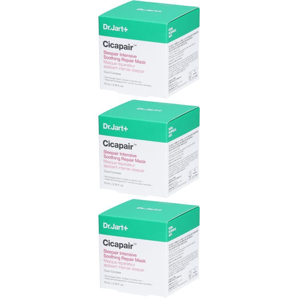 Drie Dr. Jart+ Cicapair™ intensive soothing repair sleep masks verpakkingen.