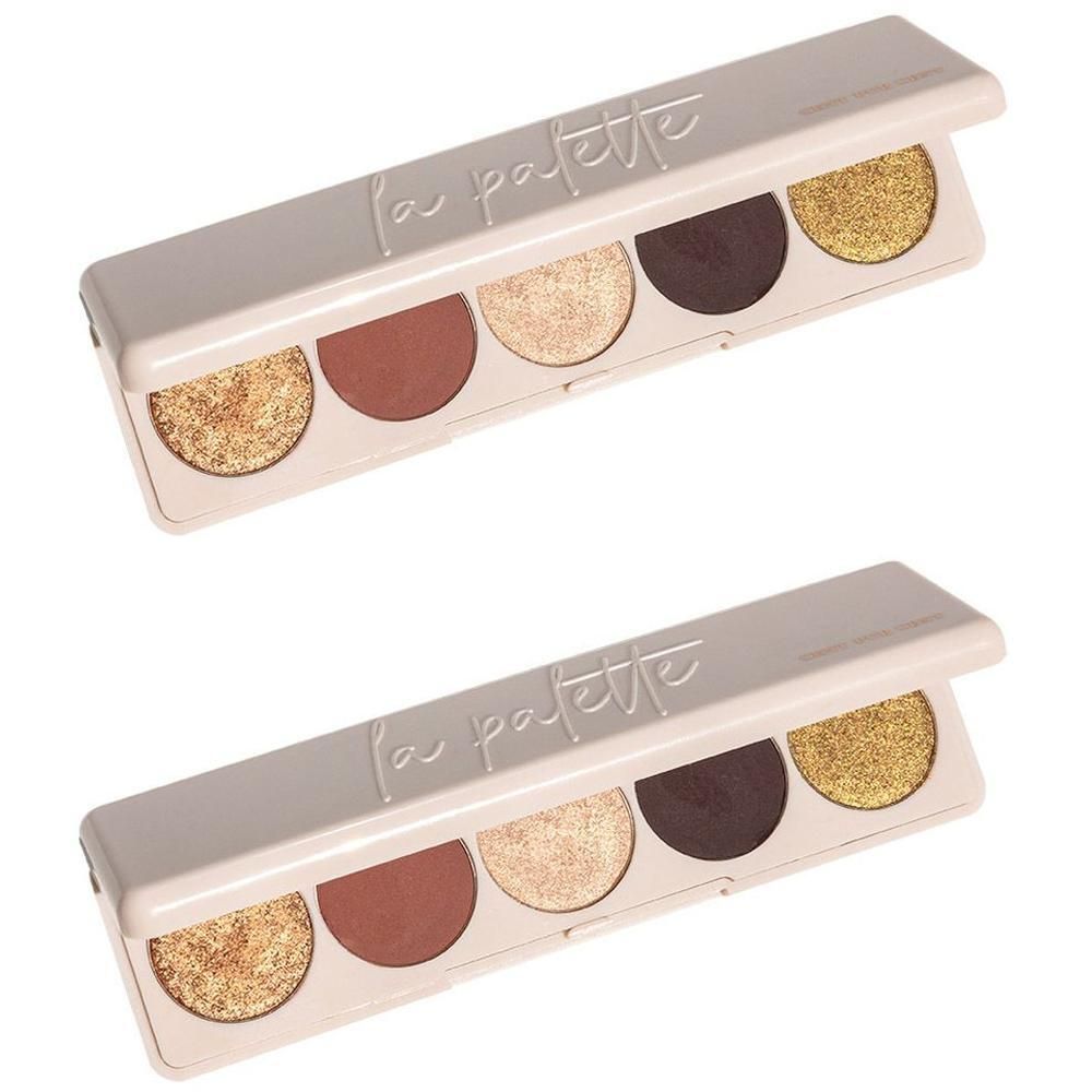 Deux palettes de fard à paupières, chacune avec cinq couleurs : or, brun, beige, brun foncé et or pailleté.