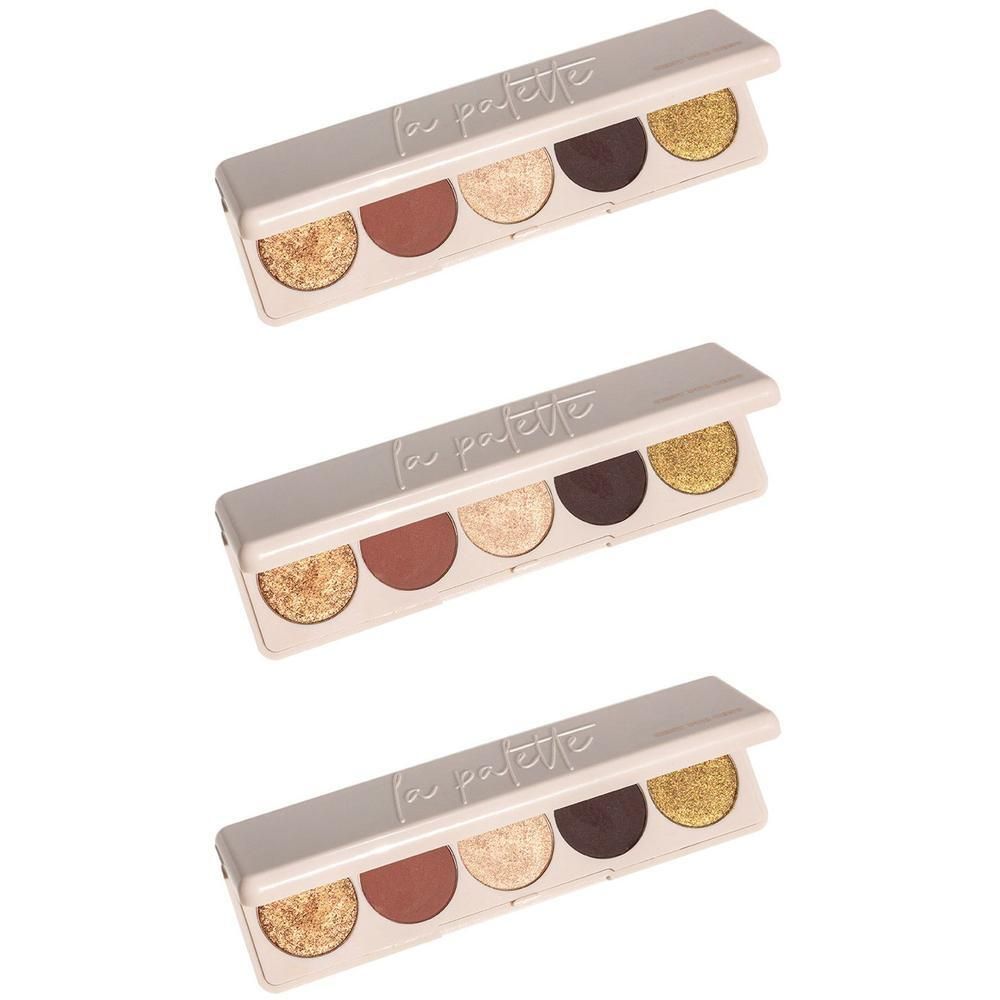 Compact palet met vijf oogschaduwkleuren: goud, bruin, beige, donkerbruin, goud.