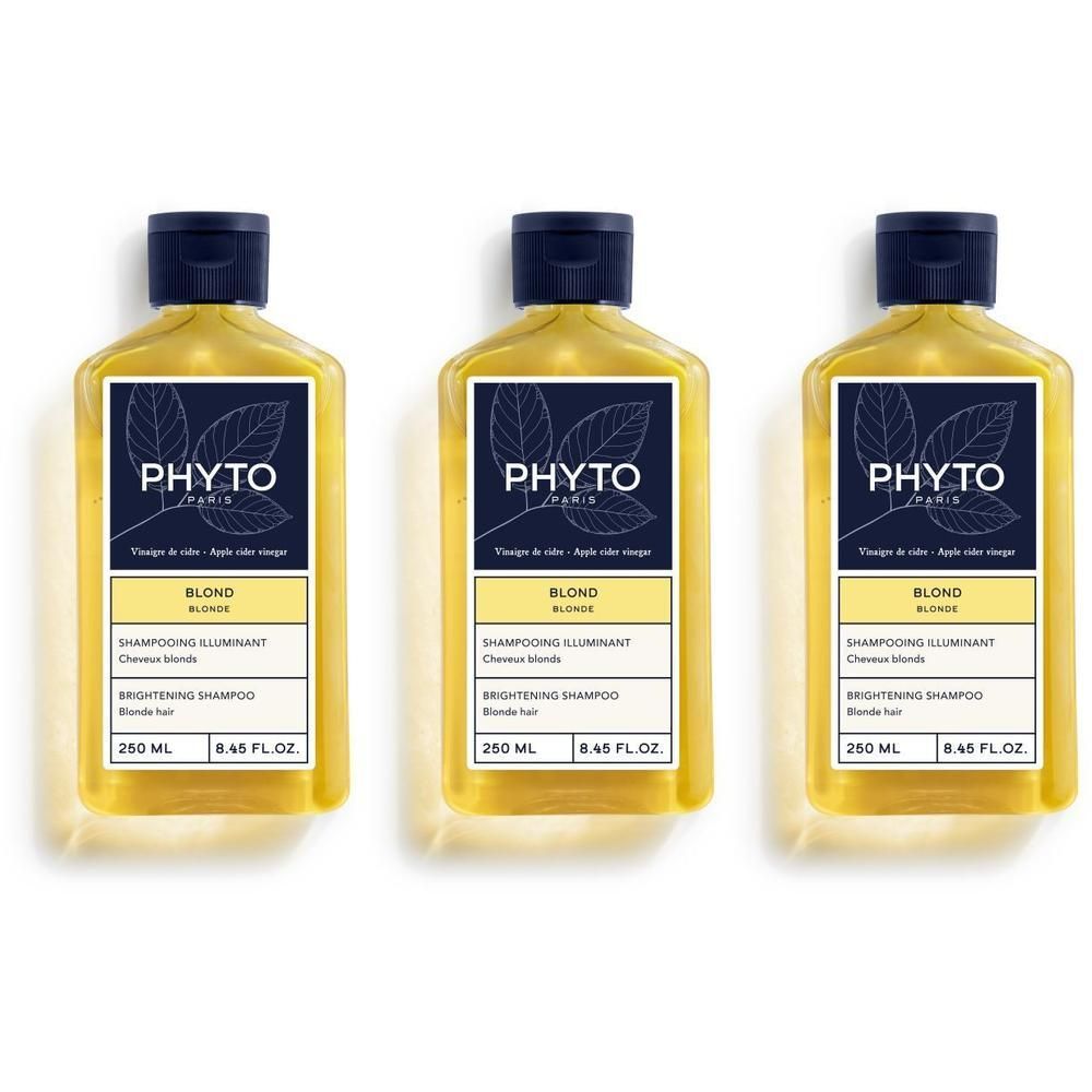Trois flacons de Phyto Phyto Blonde Shampoo avec liquide jaune et bouchons foncés.
