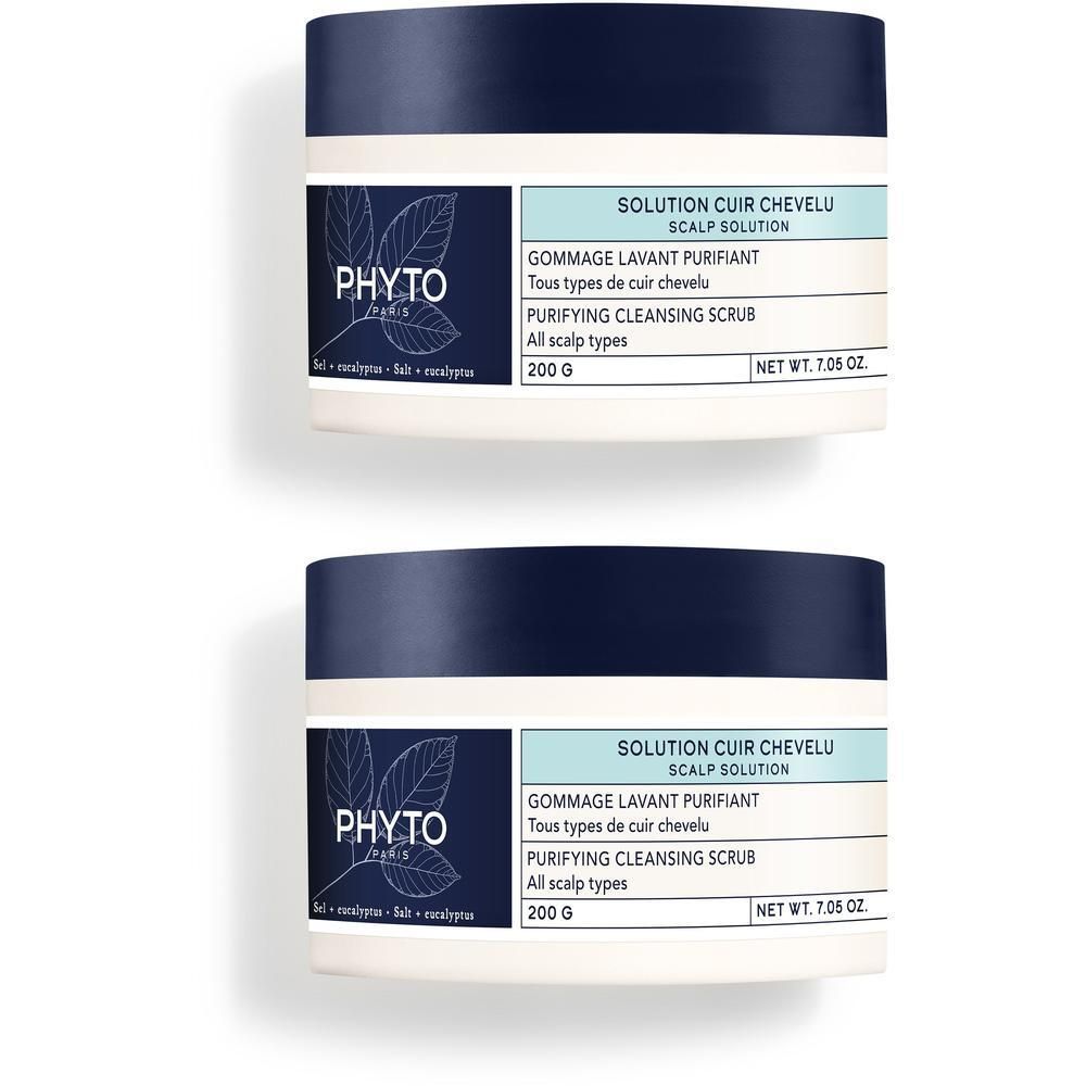 Deux pots de Phyto Solution Cuir Chevelu Gommage Lavant Purifiant, 200g.