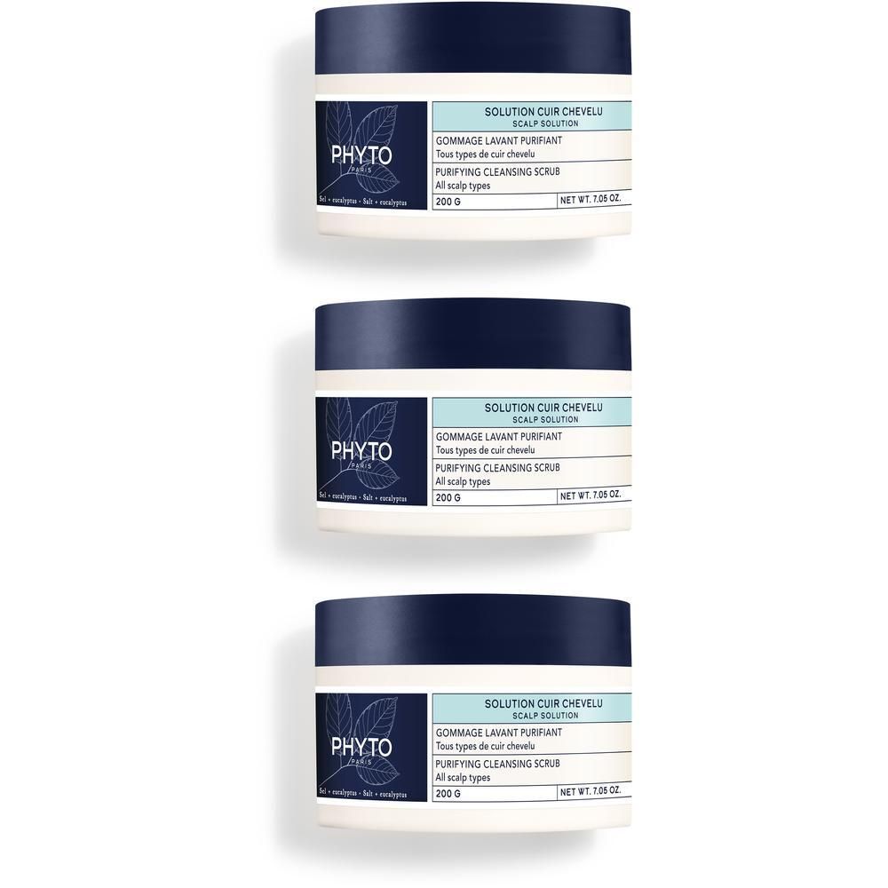 Drie potten Phyto Solution Cuir Chevelu Gommage Lavant Purifiant.