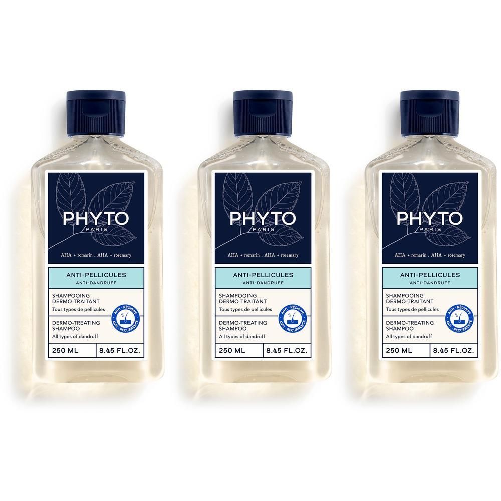 Trois flacons de Shampooing Phyto Anti-Pellicules Dermo-Traitant, 250 ml chacun.