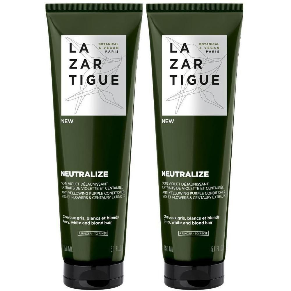 Twee tubes Lazartigue Neutralize ontkleurende conditioner voor grijs, wit en blond haar.