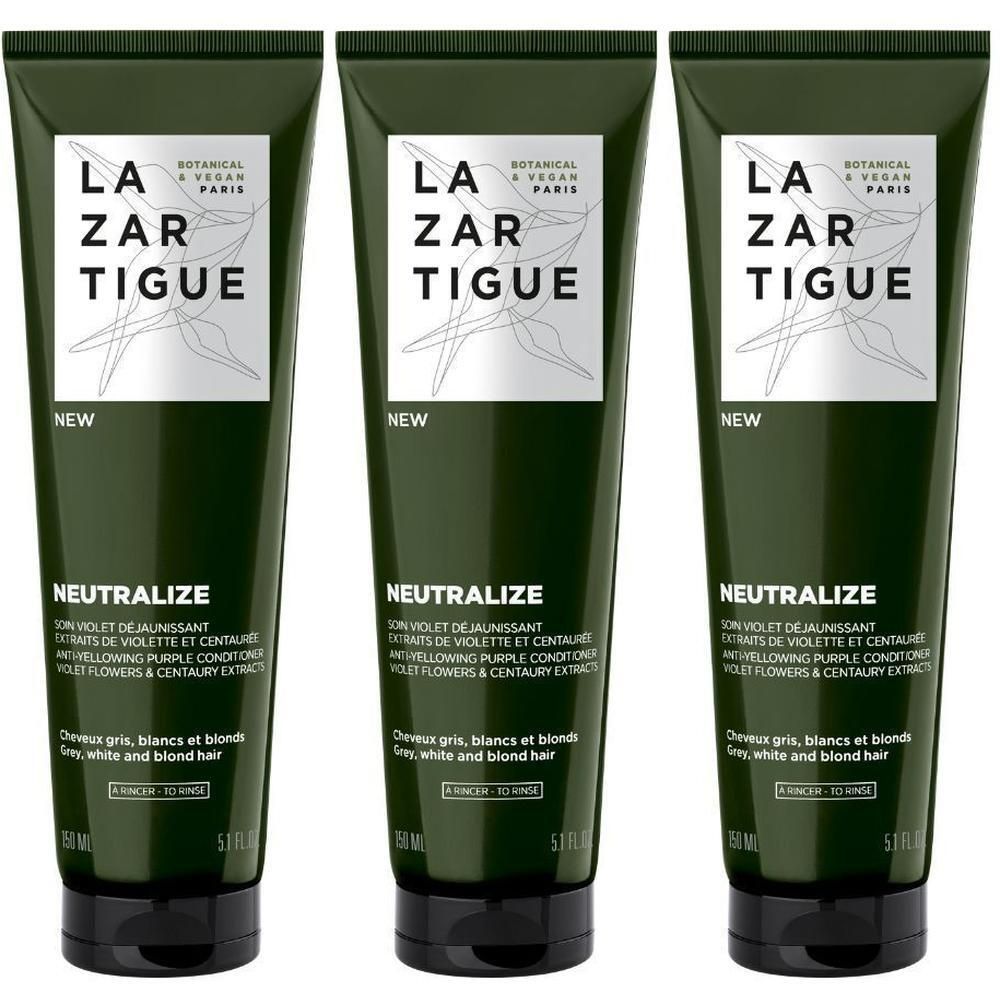 Drie tubes Lazartigue Neutralize Conditioner voor grijs, wit en blond haar.