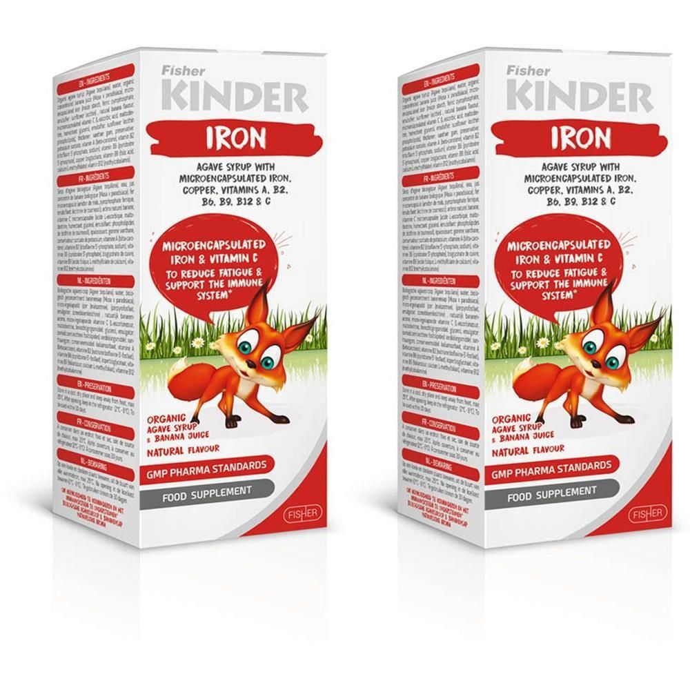 Deux boîtes de sirop Fisher Kinder Fer avec fer micro-encapsulé et vitamine C. Illustration de renard.