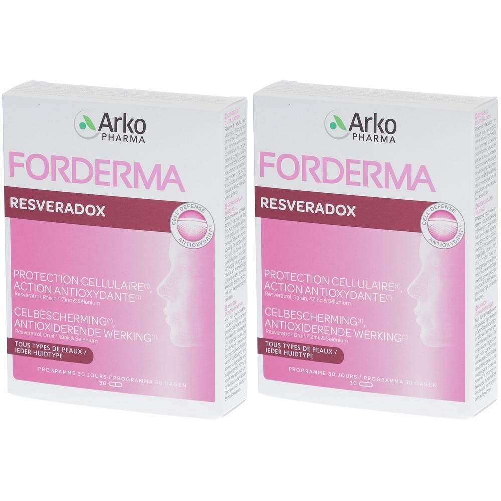 Twee pakken Arkopharma Forderma Resveradox voor celbescherming en antioxiderende werking.
