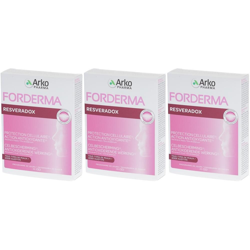 Drie pakken Arkopharma FORDERMA RESVERADOX voor celbescherming en antioxiderende werking.