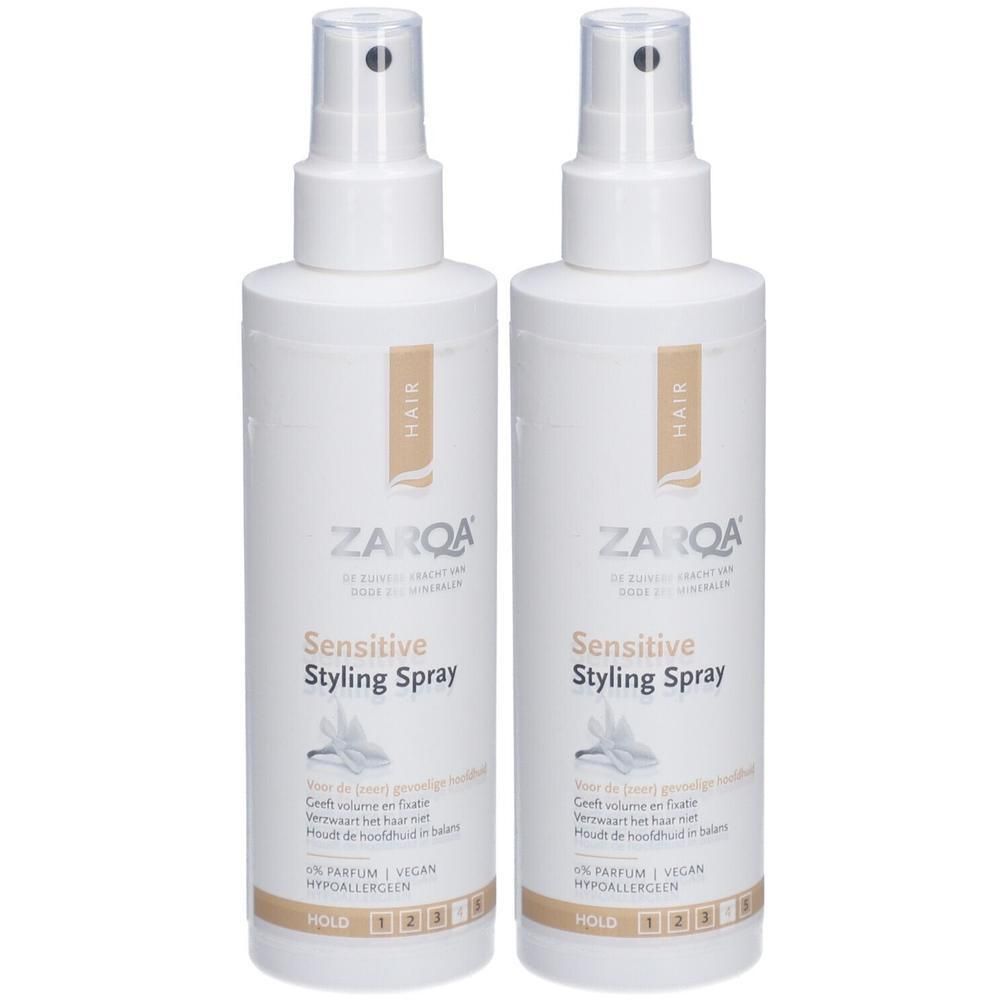 Deux flacons blancs de Zarqa Sensitive Styling Spray pour cheveux. Hypoallergénique.
