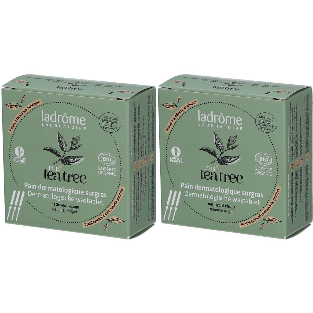 Deux paquets de savon dermatologique Ladrôme Pur'Tea Tree. Emballage vert avec logo feuille d'arbre à thé et label bio.