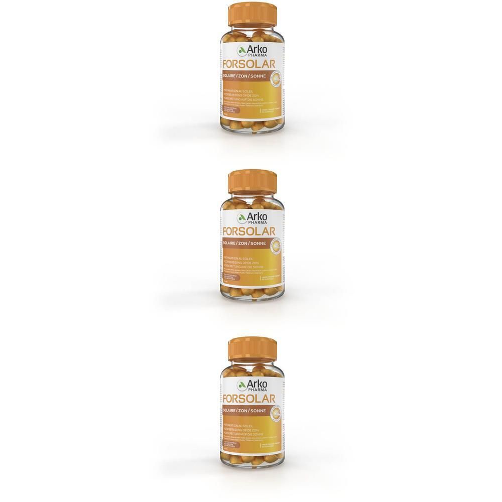 Trois flacons Arkopharma Forsolar Solaire avec bouchons et étiquettes orange.