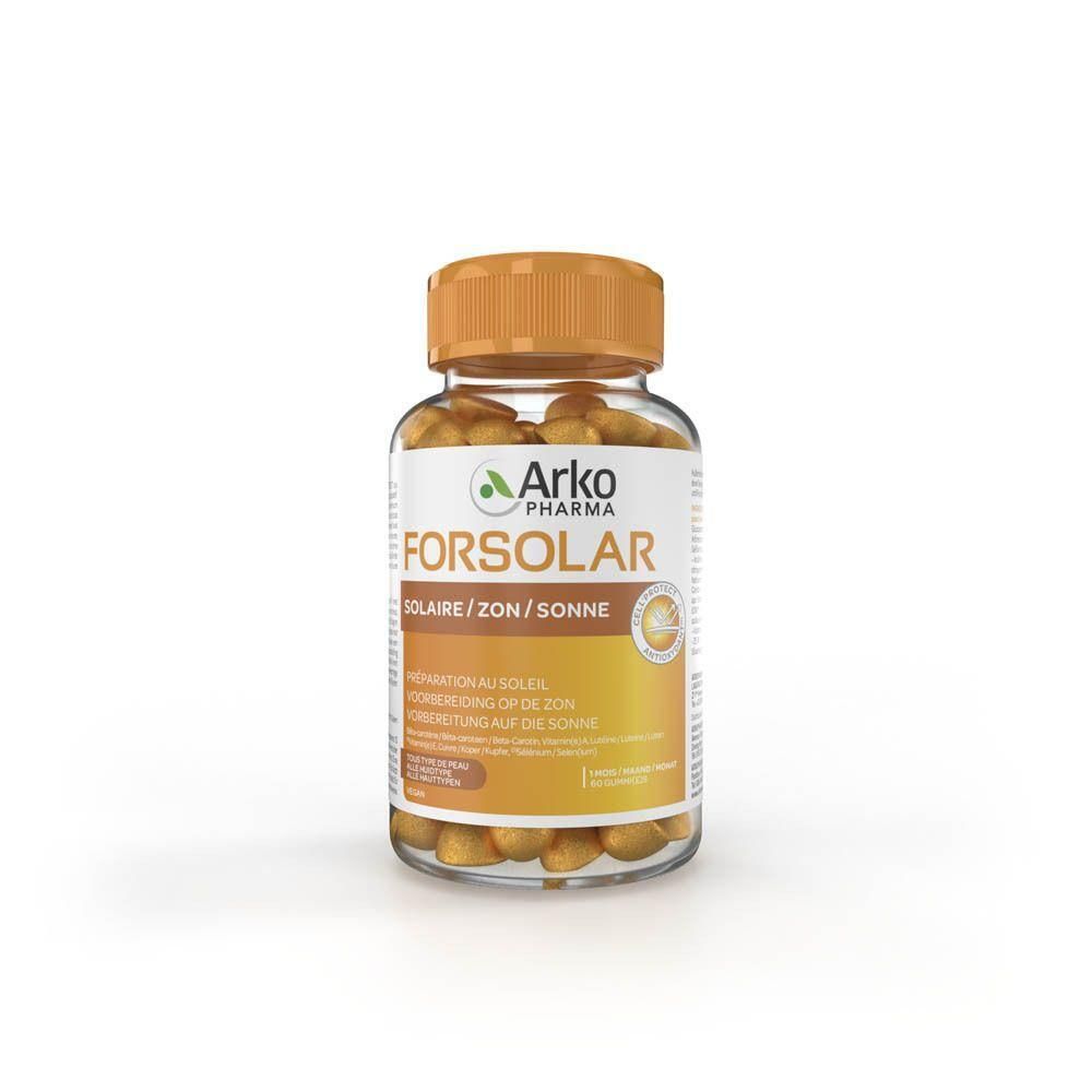 Bouteille Arkopharma Forsolar contenant des gélules pour la protection solaire.