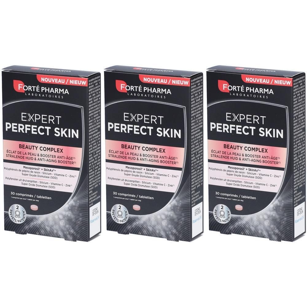 Trois boîtes Forté Pharma Expert Perfect Skin Beauty Complex, 30 comprimés chacune.