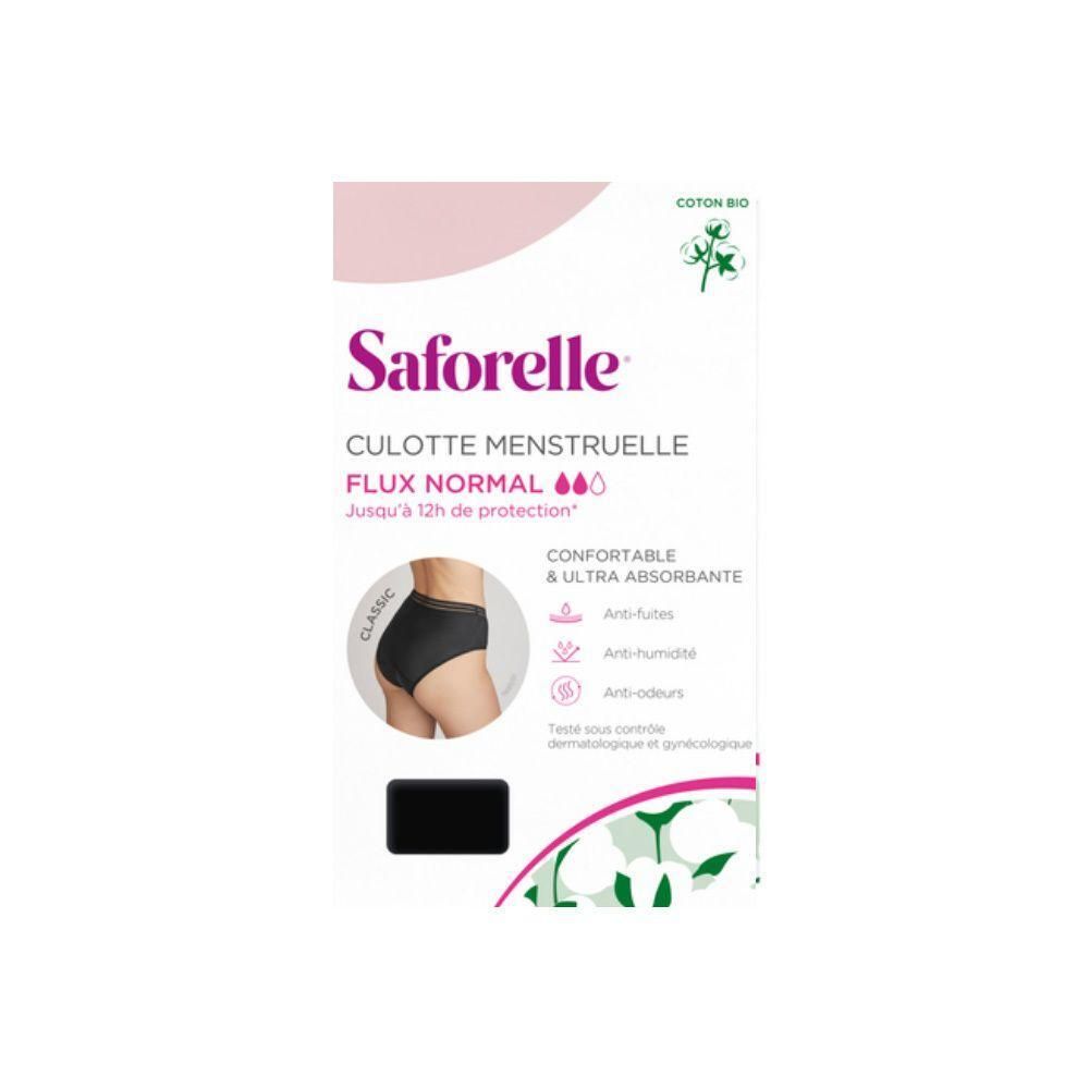 Culotte menstruelle Saforelle, taille 38, flux normal, noire, en coton bio.