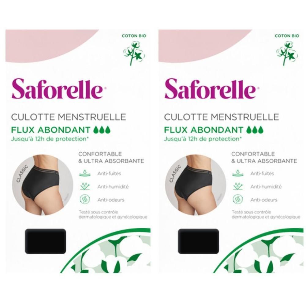 Culotte menstruelle Saforelle pour flux abondant, noire, taille 34-36. Confortable et ultra absorbante.
