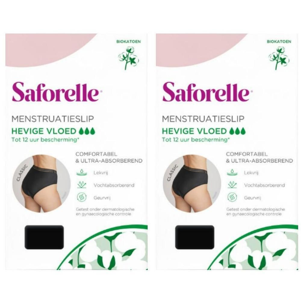 Saforelle menstruatieslip voor overvloedige vloed, zwart, maat 34-36. Comfortabel en ultra absorberend.