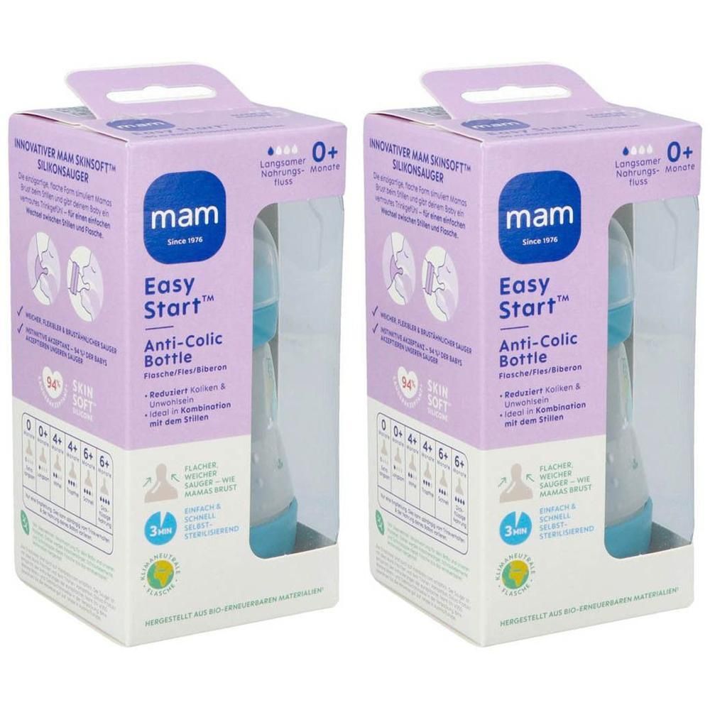 Deux biberons Mam Easy Start Anti-Colique bleu clair, emballés dans des boîtes.