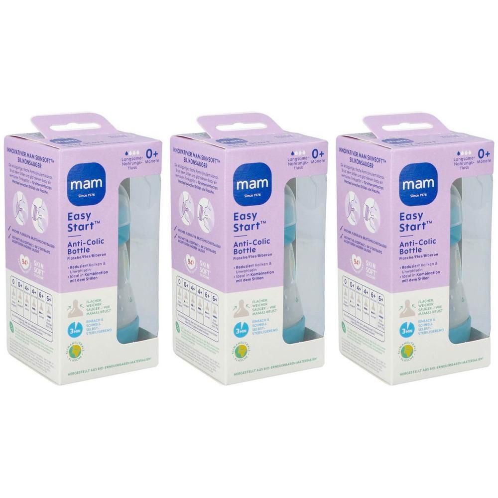 Drie Mam Easy Start Anti-Colic flessen in matblauw, verpakt.