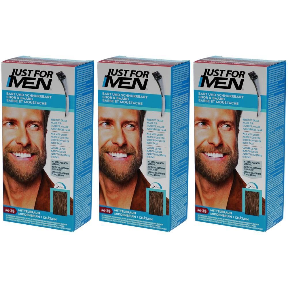 Drie verpakkingen Just For Men Baard & Snor verf, Middelbruin M-35.